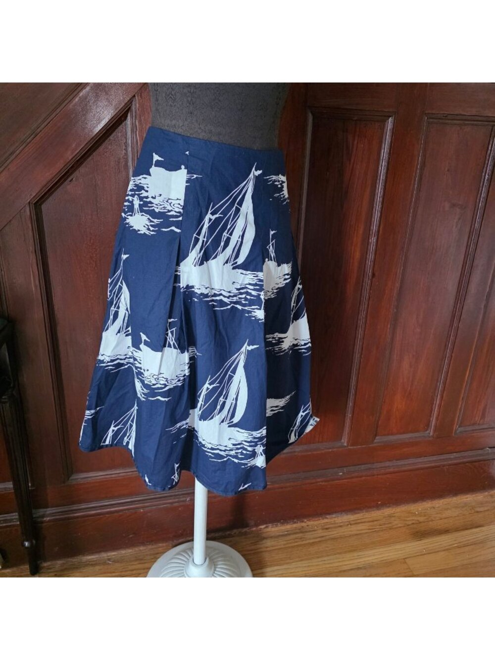 Talbots Womens Navy & White Pleated A-Line Skirt Nautical Sailboat Print Size 18